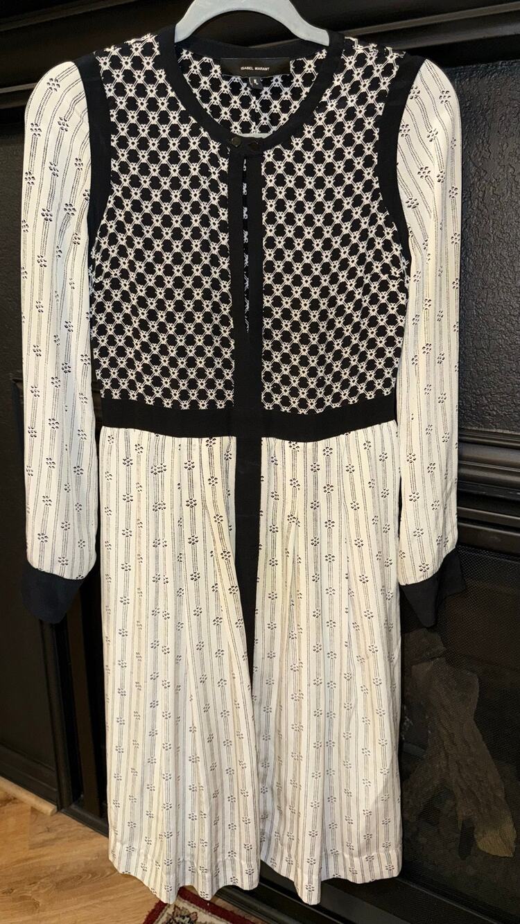 Isabel Marant 100% Silk Dress 38 US 6 Black White Print Long Sleeve Midi Flaws